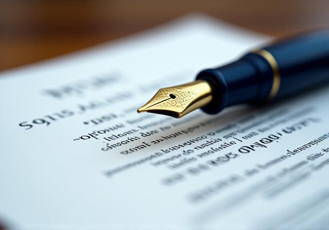 Close up of a professional fountain pen resting on a signed legal document with gold accents