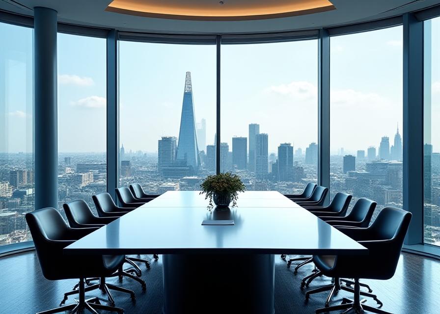Professional meeting room overlooking the London skyline representing trust and authority