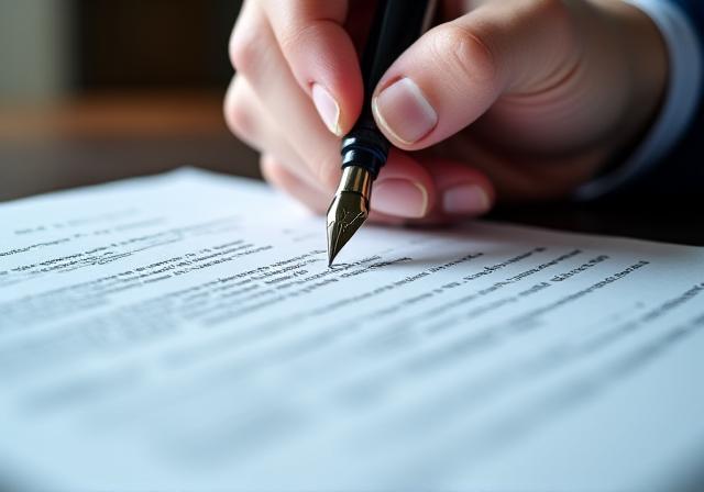 Legal Professional carefully reviewing a business contract with a fountain pen